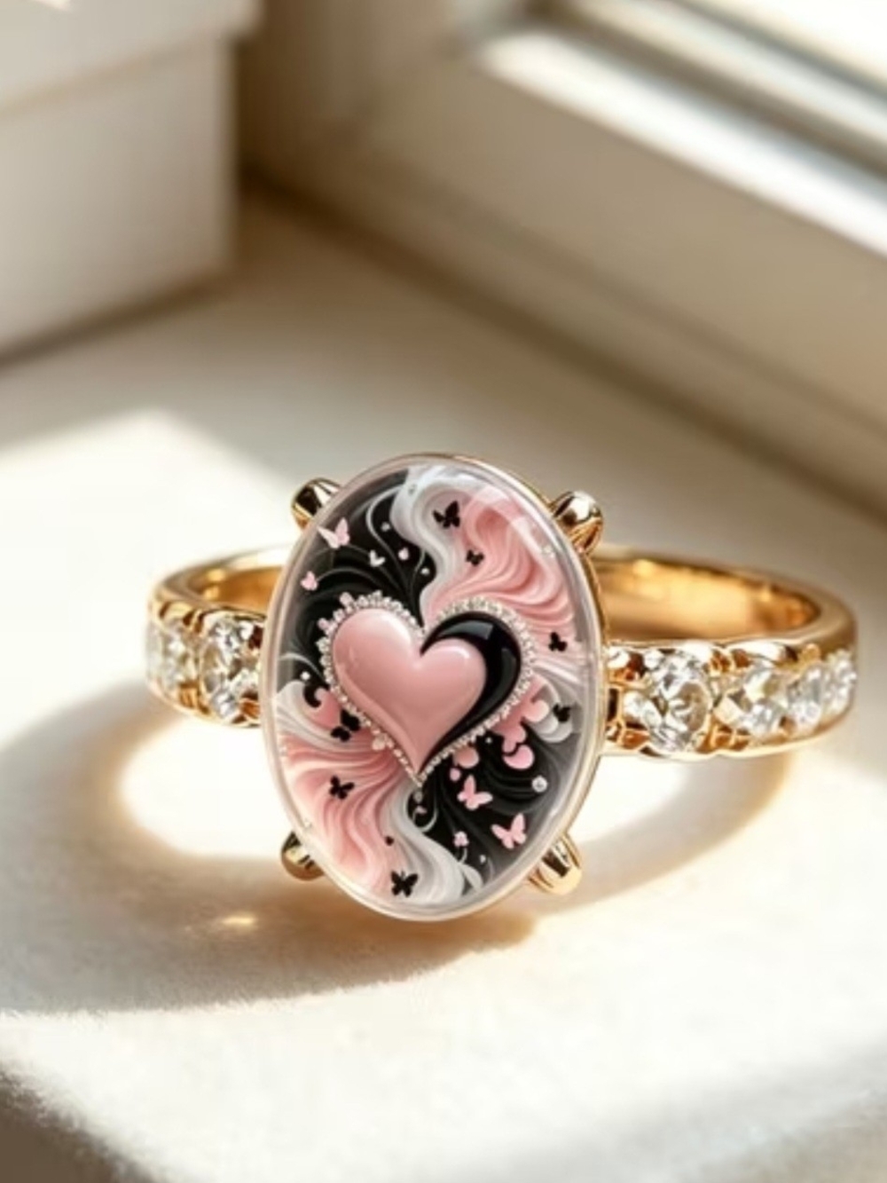 Gold Heart Ring with Pink and Black Accents